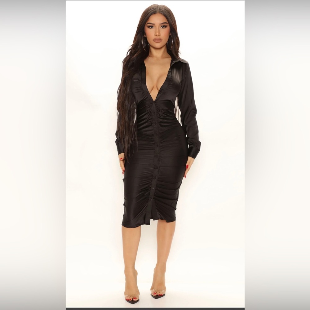 Satin midi long sleeve button up dress